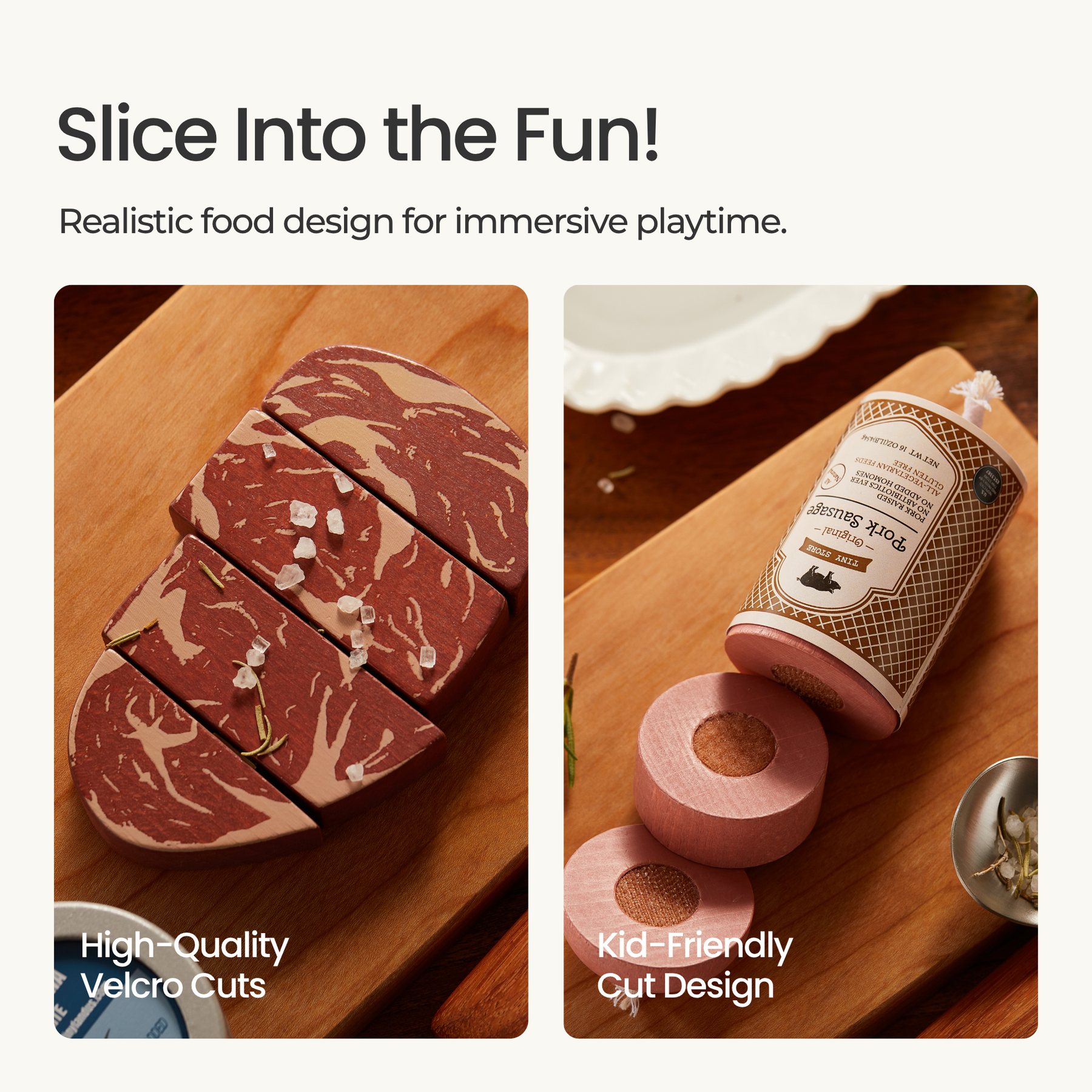 The Tiny Land® Organic Meat & Seafood Pack by Tiny Land Play Food features a realistic marbled meat toy sliced into four pieces with velcro and a wooden sausage toy with three pink slices, perfect for toddlers’ imaginative play.