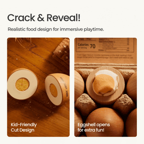 Two images display the Tiny Land® Egg Combo Playset from Tiny Land Play Food: one egg split to reveal a yellow yolk, another partially shelled—realistic, kid-friendly, and perfect for interactive play in imaginative kitchens.
