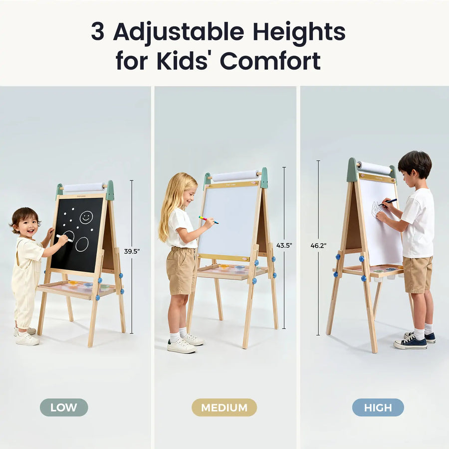 Three children of varying heights use the Tiny Land® 3-in-1 Art Easel for Kids - Morandi by Tiny Land, set to low, medium, and high. The double-sided easel offers a chalkboard and whiteboard for drawing, with height indicators at each level.|green