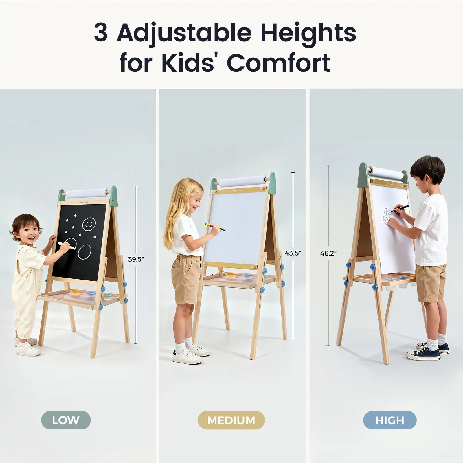 Three children of varying heights use the Tiny Land® 3-in-1 Art Easel for Kids - Morandi by Tiny Land, set to low, medium, and high. The double-sided easel offers a chalkboard and whiteboard for drawing, with height indicators at each level.|green