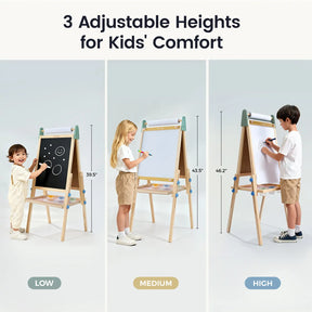 Three children of varying heights use the Tiny Land® 3-in-1 Art Easel for Kids - Morandi by Tiny Land, set to low, medium, and high. The double-sided easel offers a chalkboard and whiteboard for drawing, with height indicators at each level.|green