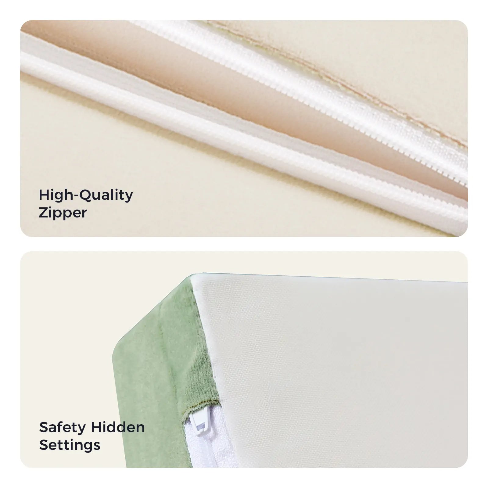 Close-up of a beige high-quality zipper and a green-and-white cover with a safety hidden zipper—ideal for Tiny Land® PlayNest Climbing Blocks by Tiny Land, supporting gross motor development in foam play set covers.