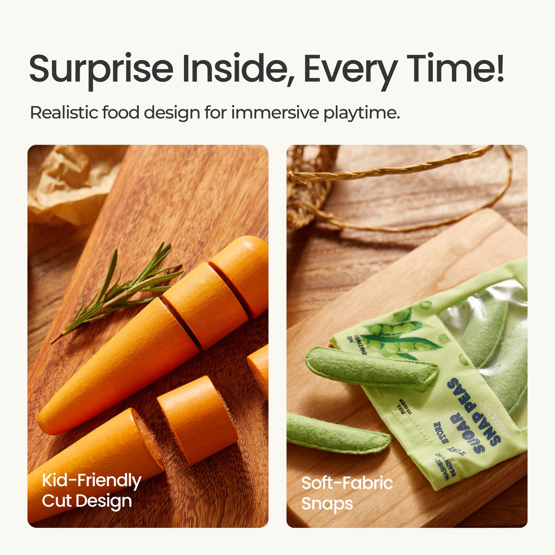 Two images feature the Tiny Land® Organic Fruit & Veggie Pack by Tiny Land Play Food, with kid-friendly cut carrots on a board and soft snap peas in a pouch, offering realistic, imaginative play food fun for toddlers.