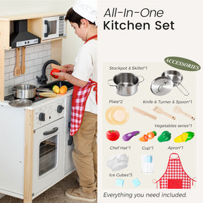 A child in a chef hat enjoys the Tiny Land® Farm-to-Table Gift Set—Light & Sound Kitchen & Market Stall, featuring a stovetop, sink, toy utensils, food items, and all accessories included. Brand: Tiny Land.