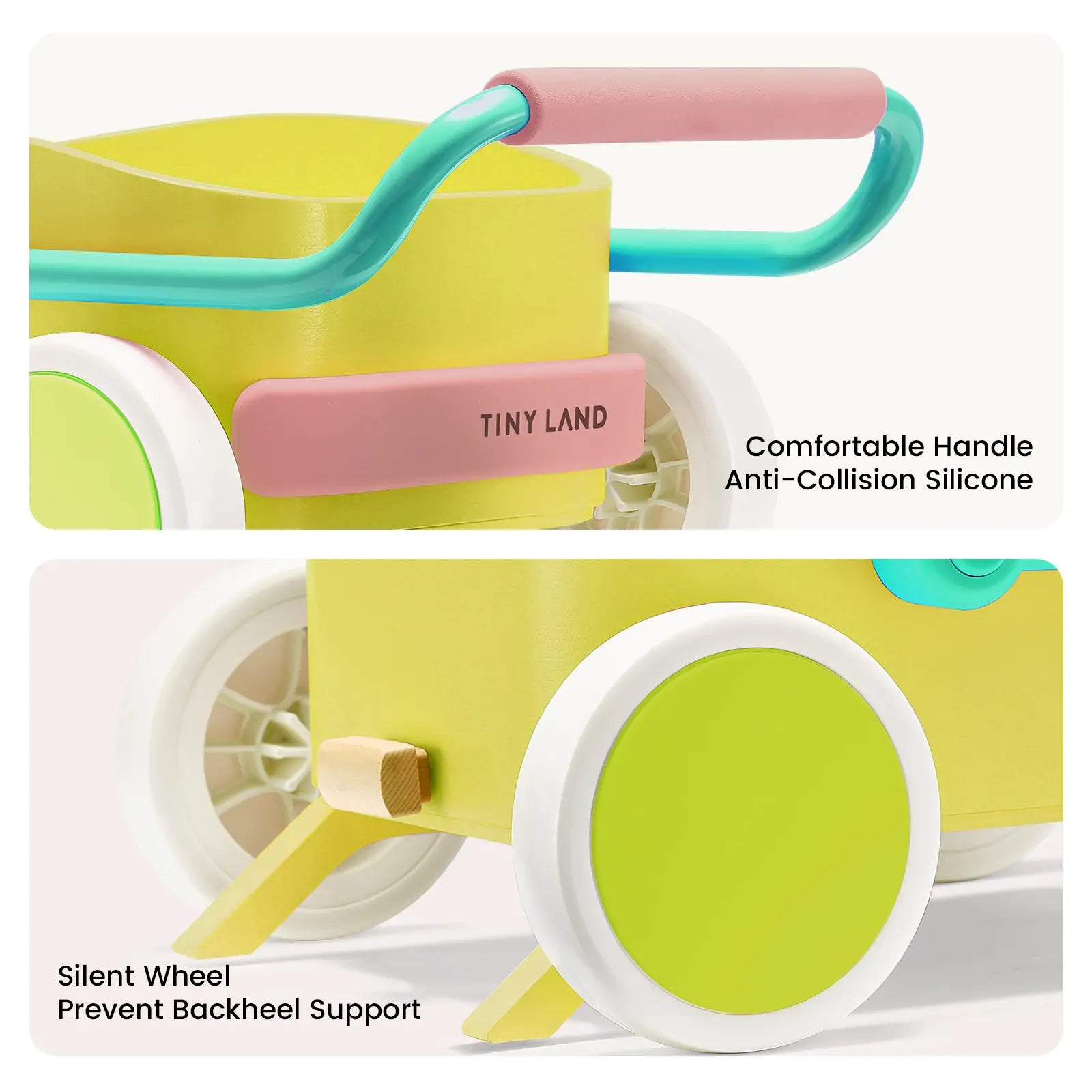 A close-up of the Tiny Land® 3-in-1 Wooden Baby Walker Wagon - Spring Color shows its yellow and green design, pink and teal handle with a comfortable silicone grip, silent wheels with backheel support, and adjustable speed control.