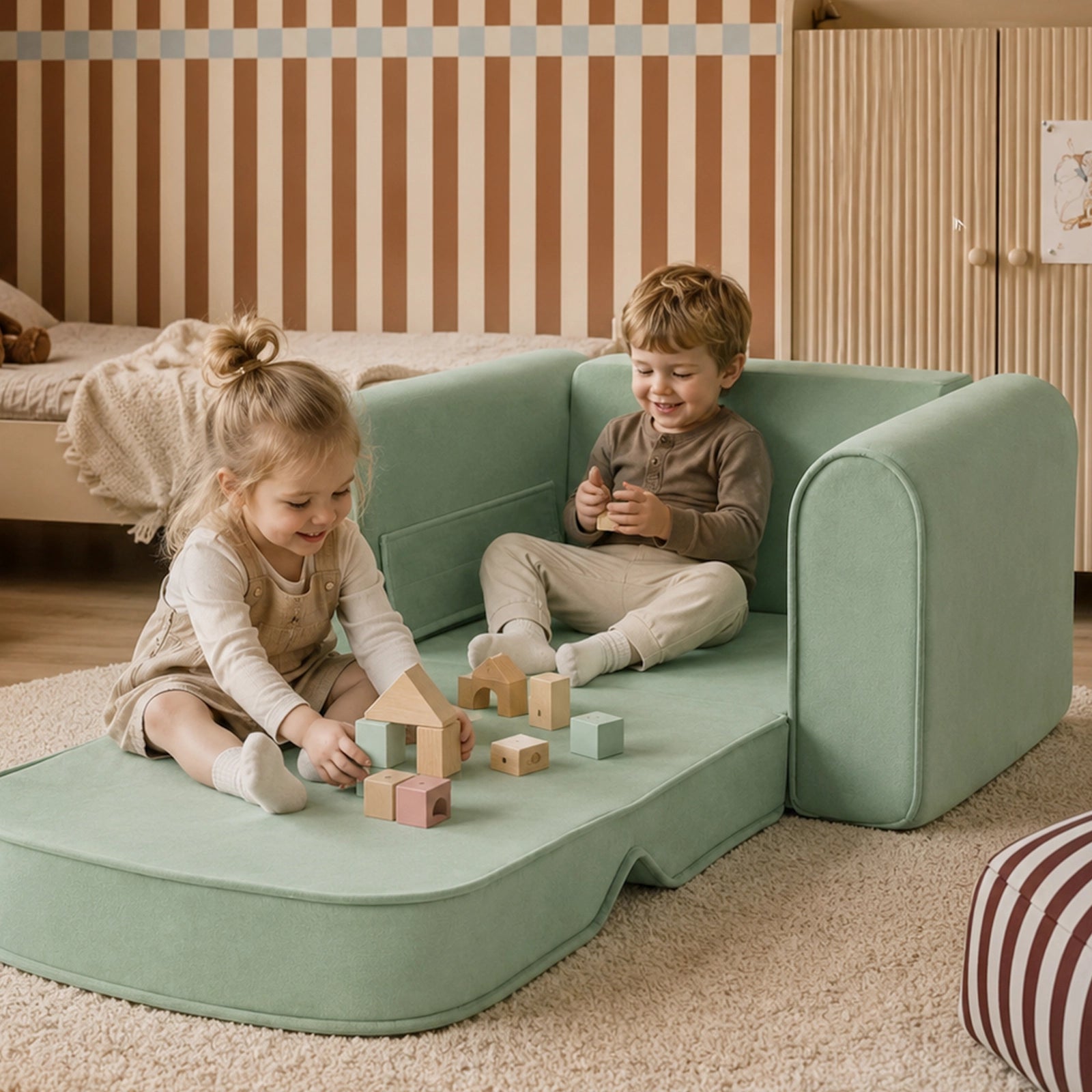 Two young children play with wooden blocks while sitting on the Tiny Land® GentleSnug Kids Sofa Chair by Tiny Land. The cozy playroom has a striped accent wall, beige carpet, and light wood furniture in the background.