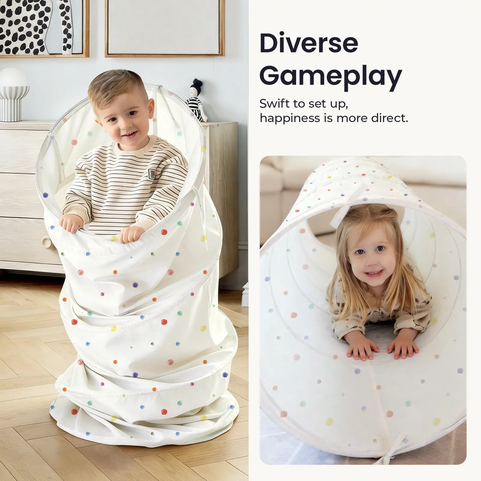 Two young children enjoy the Tiny Land® Adventure Play Tunnel in a sunlit room. The boy stands inside the collapsible, polka-dotted tunnel by Tiny Land, while the girl crawls through, both smiling and having fun. Text reads: Diverse Gameplay.|Colorful Dots