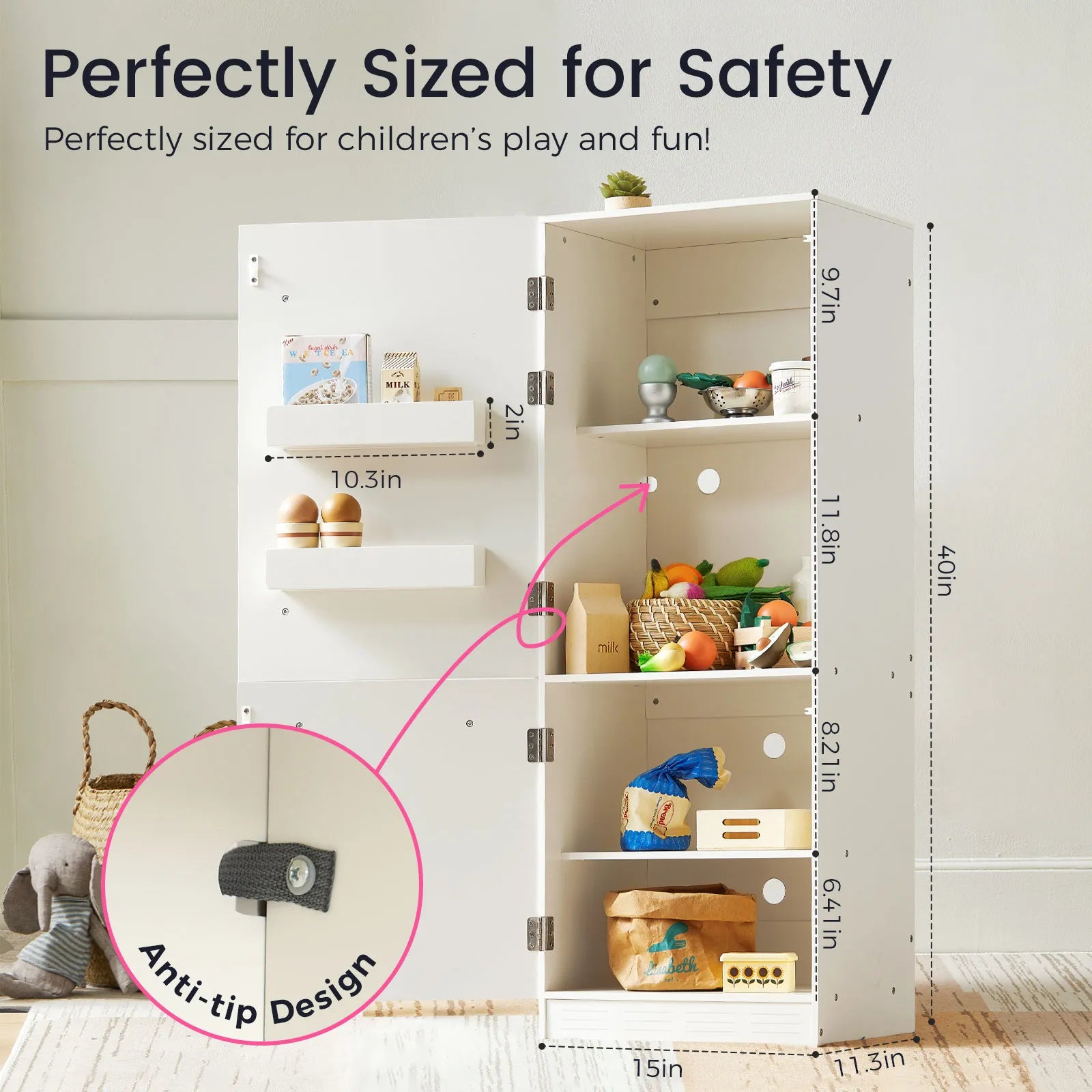 The Tiny Land® Farm-to-Table Play Set by Tiny Land features an interactive kitchen, storage fridge, and organic food collection. Shown with labeled dimensions and anti-tip safety strap for extra security. Shelves hold books, toys, decor, and play items.