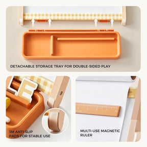 Collage featuring the orange detachable storage tray, a close-up of anti-slip pads, and the magnetic ruler—each thoughtfully designed for the Tiny Land® Double-Sided Magnetic Tabletop Easel by Tiny Land, ideal for setting up an art station or using its versatile magnetic whiteboard.|Oatmeal