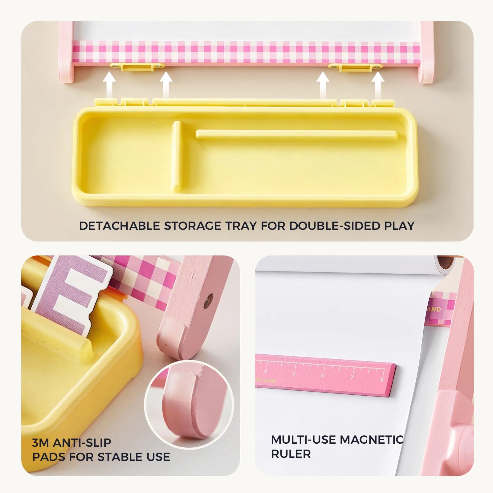 Three images showcase the Tiny Land® Double-Sided Magnetic Tabletop Easel: a detachable yellow storage tray designed for organizing supplies, anti-slip pads on the bottom of the art station for added stability, and a pink magnetic ruler attached to the double-sided grid-patterned board—ideal for use as a magnetic whiteboard.|Pink