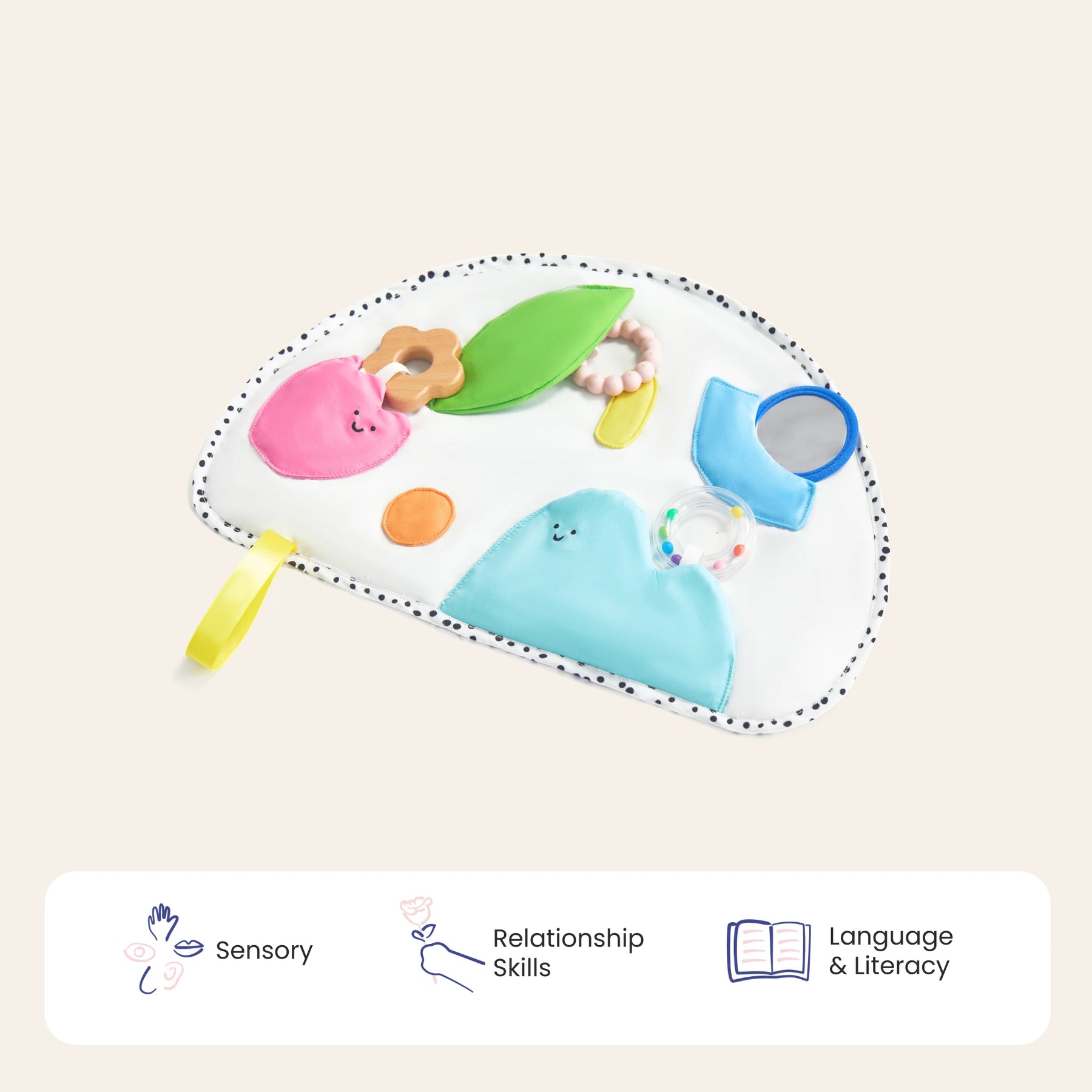The Tiny Land® Montessori Toys for Newborns (0–3 Months) by Tiny Land is a colorful fabric sensory mat with textured shapes, mirror, crinkly leaves, and yellow loop—ideal for tummy time and sensory play to support relationship skills and early literacy.