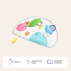 The Tiny Land® Montessori Toys for Newborns (0–3 Months) by Tiny Land is a colorful fabric sensory mat with textured shapes, mirror, crinkly leaves, and yellow loop—ideal for tummy time and sensory play to support relationship skills and early literacy.