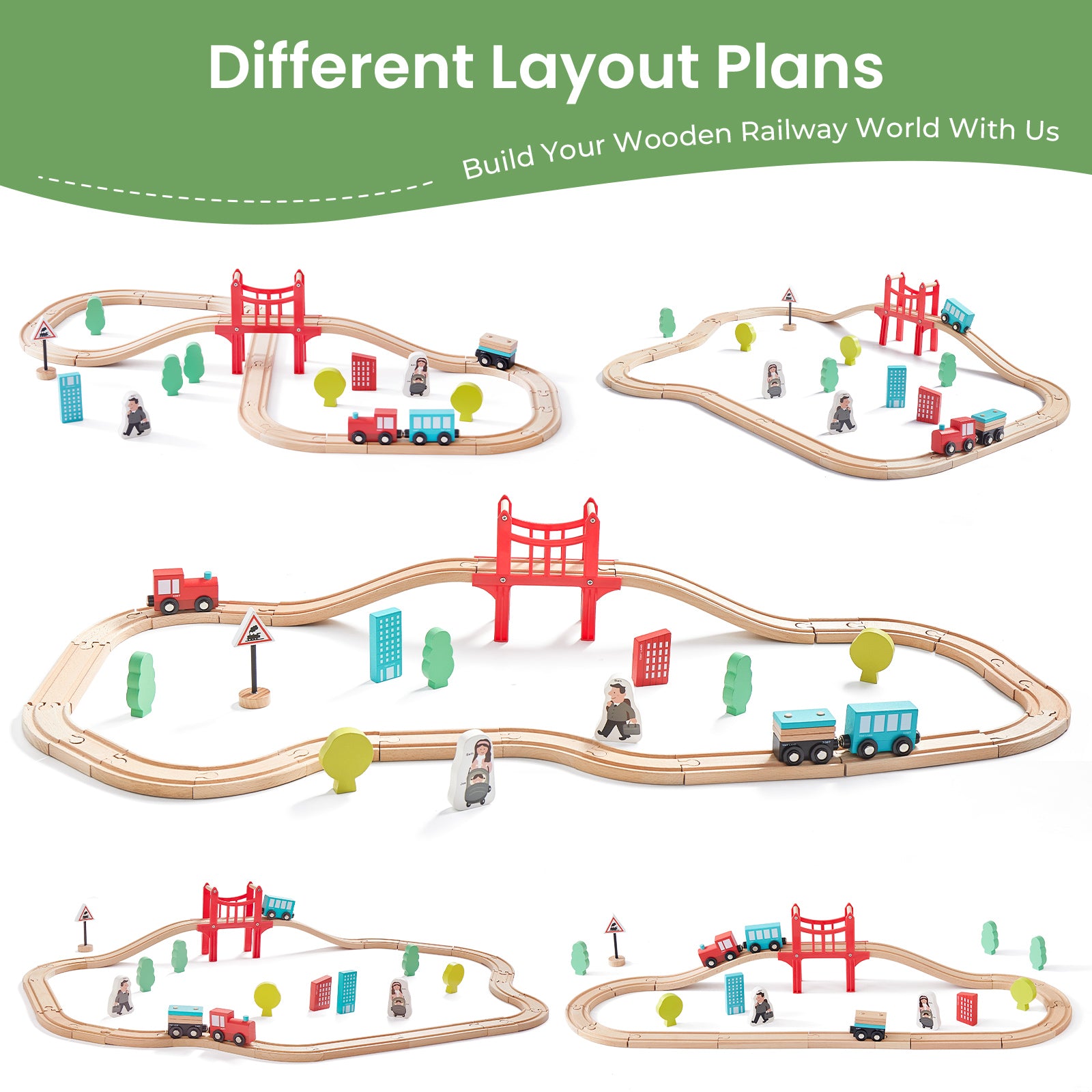 The Tiny Land® Wooden Train Set for Children (39 pcs) by Tiny Land is arranged in five layouts, featuring trains, bridges, signs, trees, buildings, and small animal figures—an eco-friendly toy shown on a white background with green text above.|39 Pcs