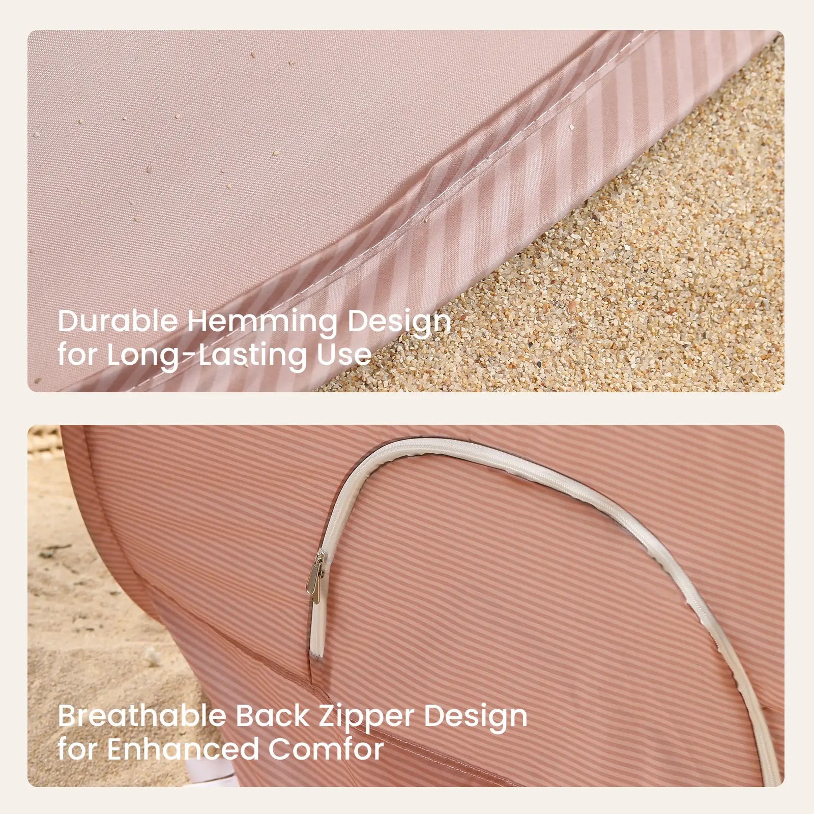 Close-up of the Tiny Land® One-Stop Beach Toy & Tent Set – Blush Pink on sand, showing a durable hem and zippered back panel with white trim. Text highlights UV protection and comfort for lasting use.|Blush Pink