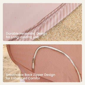 Close-up of the Tiny Land® One-Stop Beach Toy & Tent Set – Blush Pink on sand, showing a durable hem and zippered back panel with white trim. Text highlights UV protection and comfort for lasting use.|Blush Pink