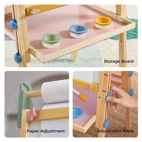 Three labeled sections show features of the Tiny Land® 3-in-1 Art Easel for Kids - Morandi: a storage board with colorful bowls, a paper roll adjustment knob, and a knob for adjusting the easel height.|green