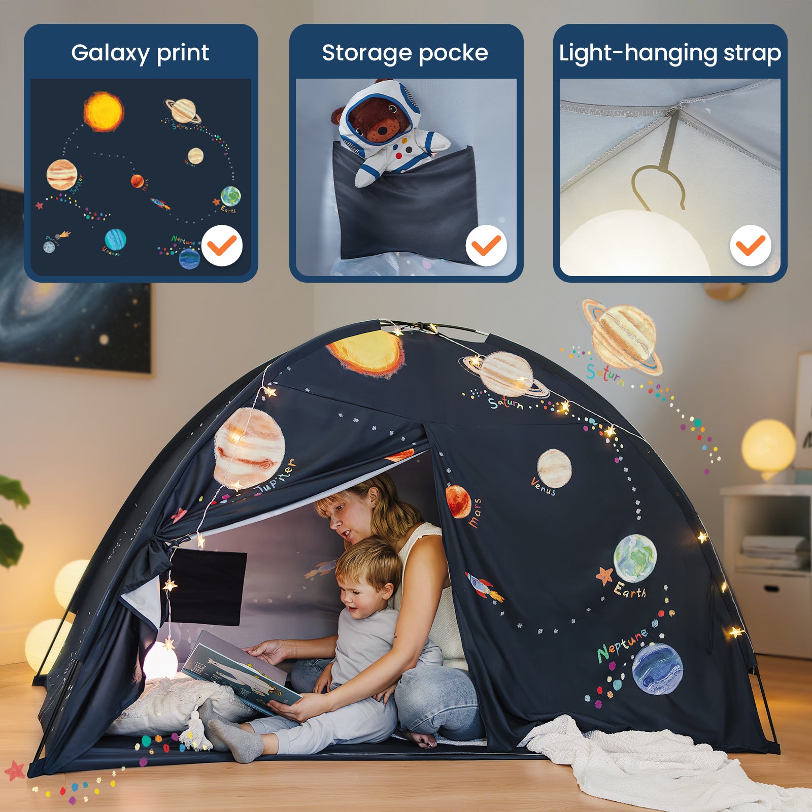 A mother and child relax inside the Tiny Land® Kids Bed Tent by Tiny Land, a dark blue indoor play tent with a colorful galaxy and planets print, featuring a storage pocket and strap for hanging a light.|SPACENEST