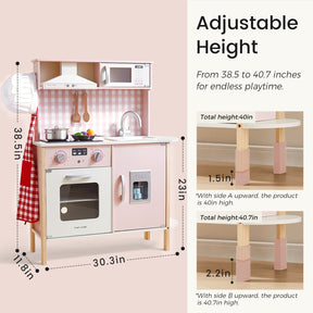 The Tiny Land® PopJoy Play Kitchen - Pink / Green by Tiny Land is a charming children’s pretend play kitchen with pink and white accents. Crafted from wood, it features an adjustable height ranging from 38.5 to 40.7 inches, making it ideal for growing kids. The kitchen includes an oven, sink, and microwave, along with side-by-side diagrams that clearly display the flexible height adjustment options for endless playtime fun.|Pink