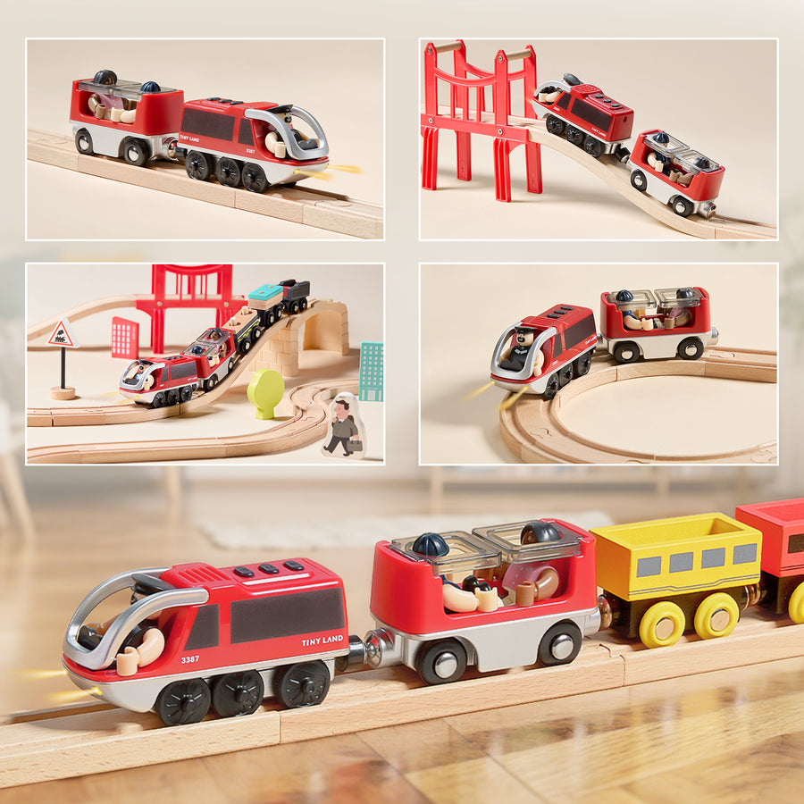 The Tiny Land® Dual-Color Electric Toy Train from Tiny Land features LED headlights and travels on a wooden track with bridges and curves, offering interactive play for toy passengers amid mini city scenery in the background.