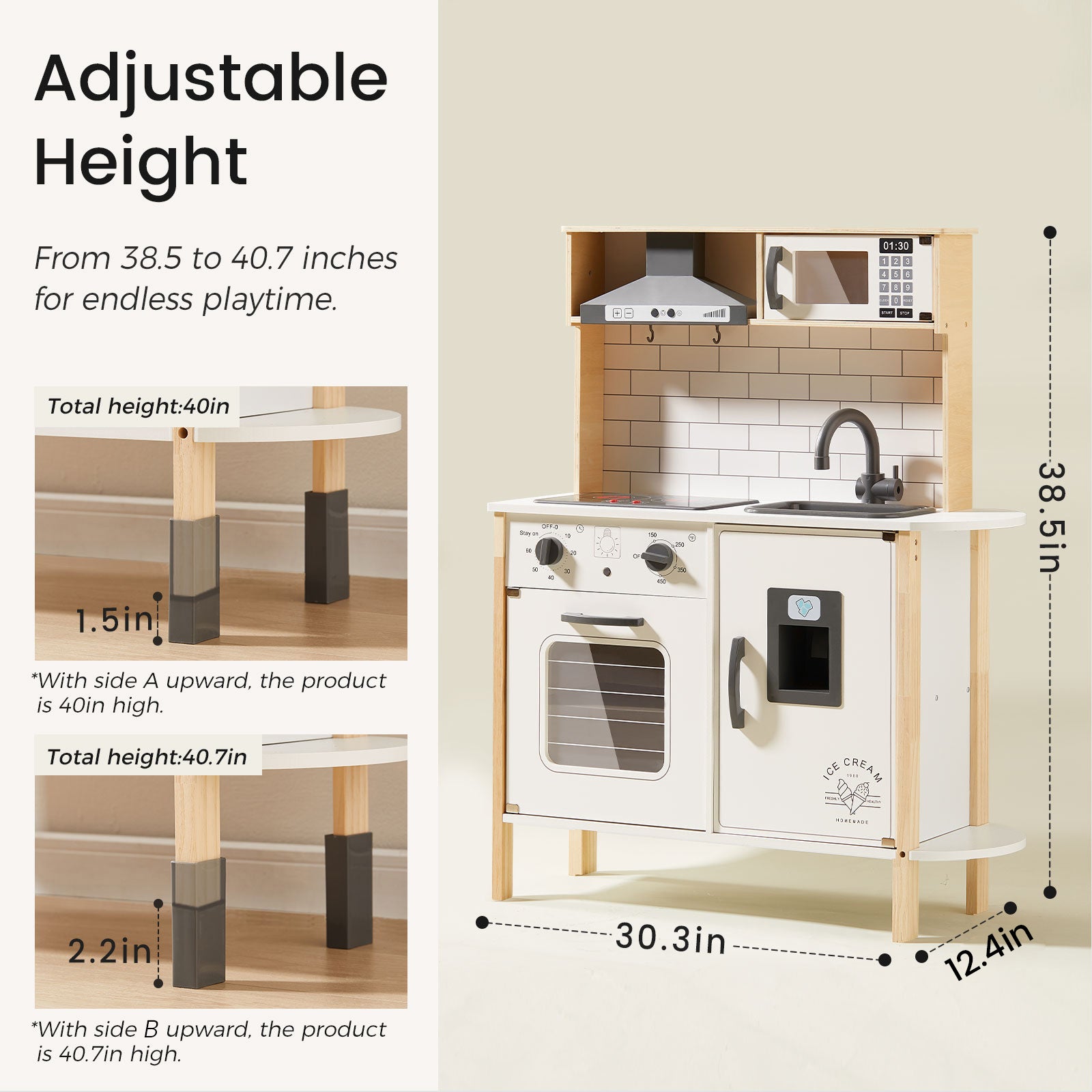 The Tiny Land® Farm-to-Table Gift Set by Tiny Land features a light & sound interactive kitchen and market stall with adjustable height (38.5–40.7"H), oven, sink, fridge, and microwave. Dimensions: 38.5"H x 30.3"W x 12.4"D.