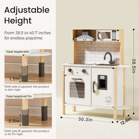 The Tiny Land® Farm-to-Table Gift Set by Tiny Land features a light & sound interactive kitchen and market stall with adjustable height (38.5–40.7"H), oven, sink, fridge, and microwave. Dimensions: 38.5"H x 30.3"W x 12.4"D.