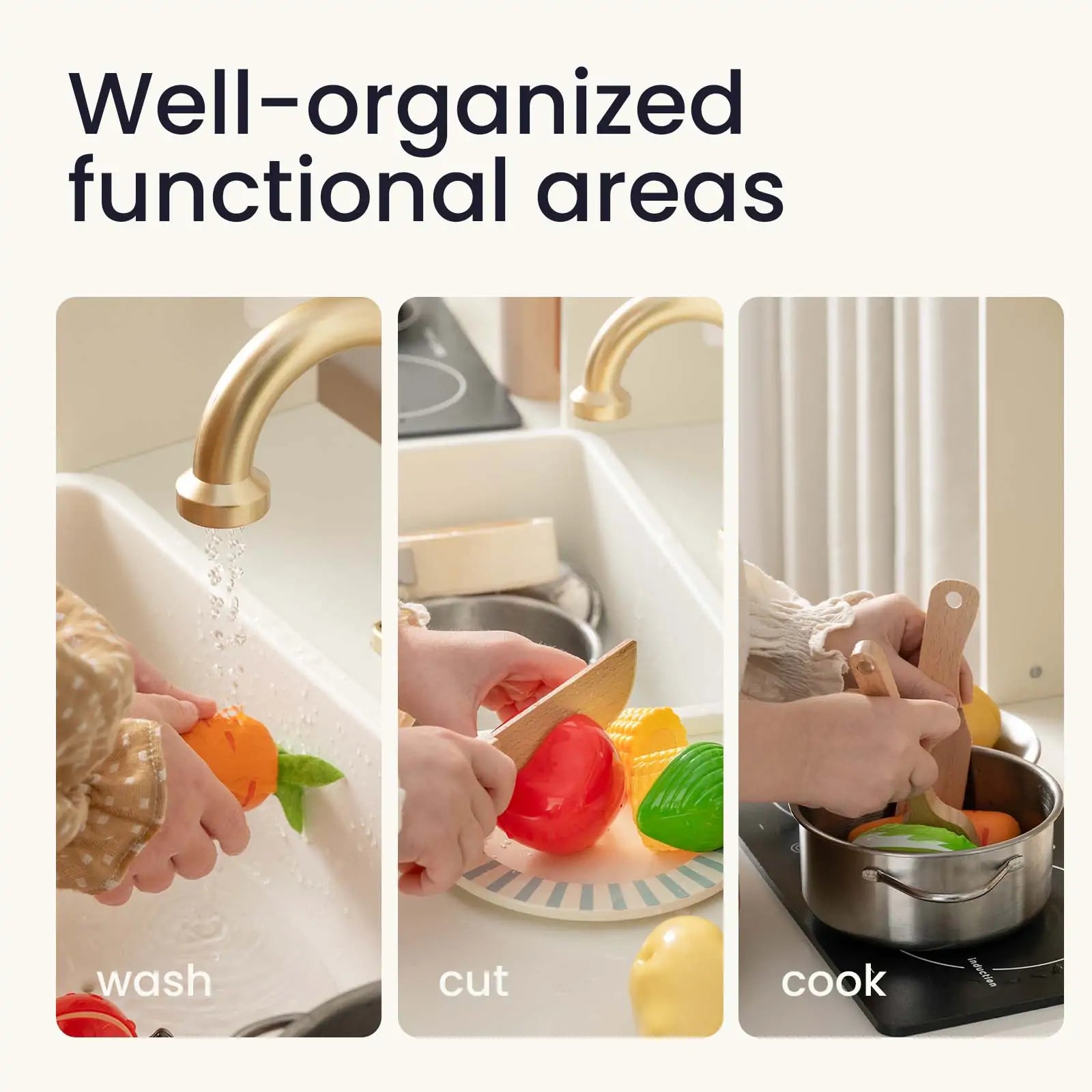 Three panels show hands washing toy vegetables under a faucet, cutting them on a plate, and stirring them in a pot on a stove. Text above reads: Well-organized functional areas for pretend play, featuring the Tiny Land® Iconic Water Play Kitchen and Premium Wooden Refrigerator from Tiny Land INC.