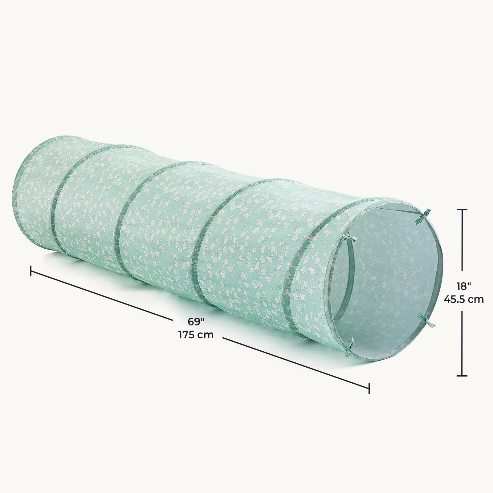 The Tiny Land® PlayNest Climbing Ball Pit Set with Tunnel by Tiny Land features a light green collapsible play tunnel with a white floral pattern, measuring 69 inches (175 cm) in length and 18 inches (45.5 cm) in diameter, shown against a plain background—perfect for combining with PlayNest climbing blocks to create a fun and versatile indoor playground.|Blue