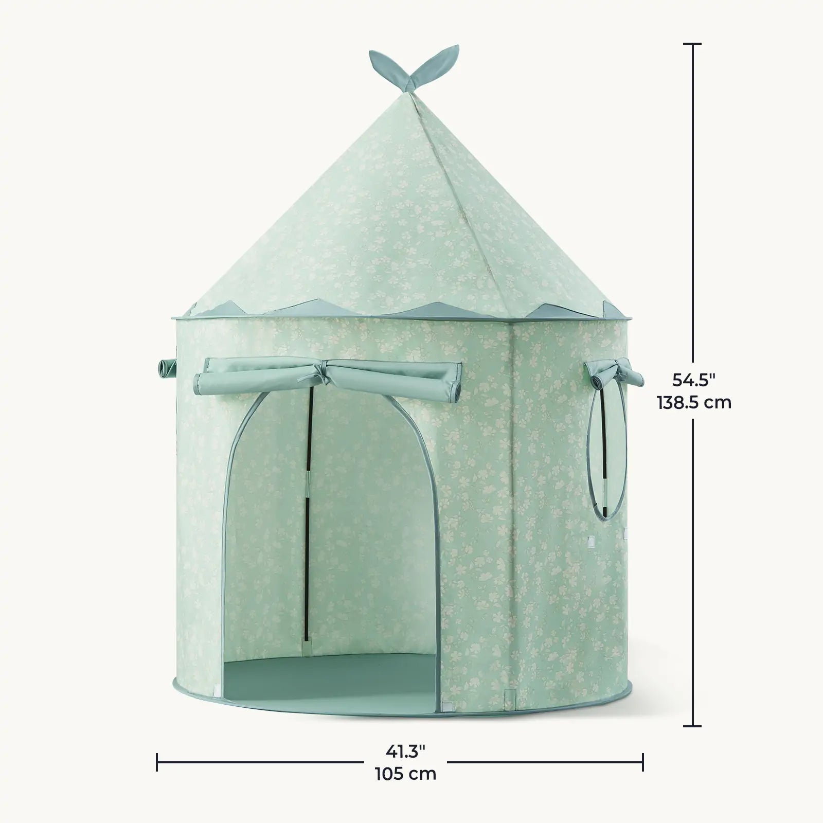 The Tiny Land® Tiny Sprout Castle Tent is a light blue indoor kids’ playhouse with a pointed roof and floral pattern, open doorway, rolled-up window covers, and measures 54.5" tall by 41.3" wide. Brand: Tiny Land.|Green