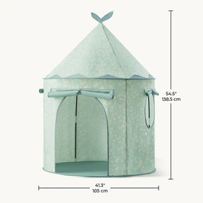 The Tiny Land® Tiny Sprout Castle Tent is a light blue indoor kids’ playhouse with a pointed roof and floral pattern, open doorway, rolled-up window covers, and measures 54.5" tall by 41.3" wide. Brand: Tiny Land.|Green