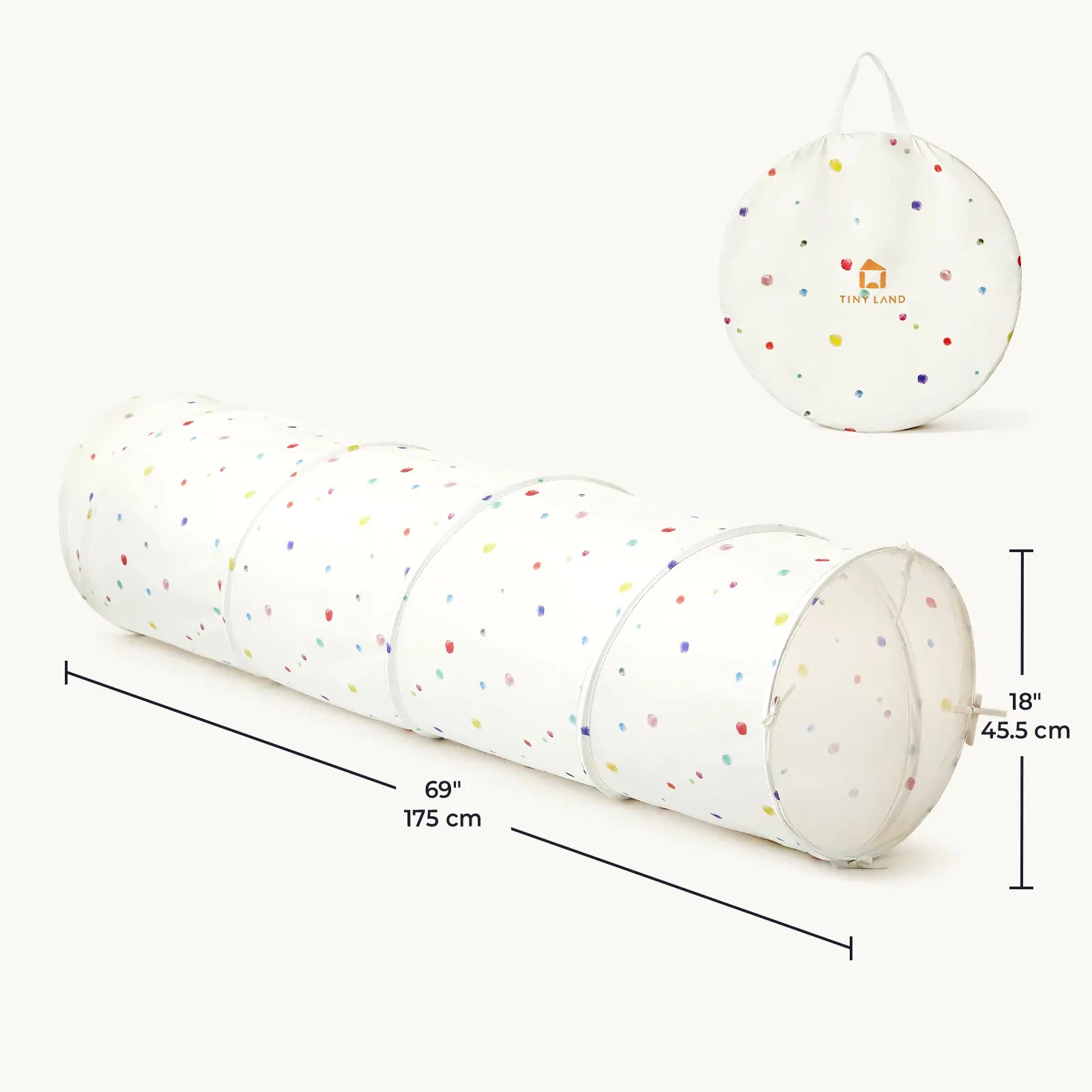 The Tiny Land® Adventure Play Tunnel by Tiny Land is a circular, fully extended kids play tunnel featuring colorful dots. Designed for both indoor and outdoor use, this versatile tunnel includes a matching round carrying bag that folds for easy storage and transport. Product dimensions are 69 inches (175 cm) in length and 18 inches (45.5 cm) in diameter.|Colorful Dots