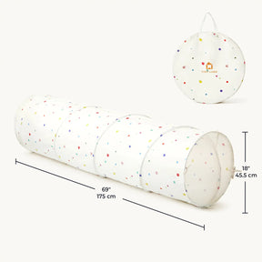 The Tiny Land® Adventure Play Tunnel by Tiny Land is a circular, fully extended kids play tunnel featuring colorful dots. Designed for both indoor and outdoor use, this versatile tunnel includes a matching round carrying bag that folds for easy storage and transport. Product dimensions are 69 inches (175 cm) in length and 18 inches (45.5 cm) in diameter.|Colorful Dots