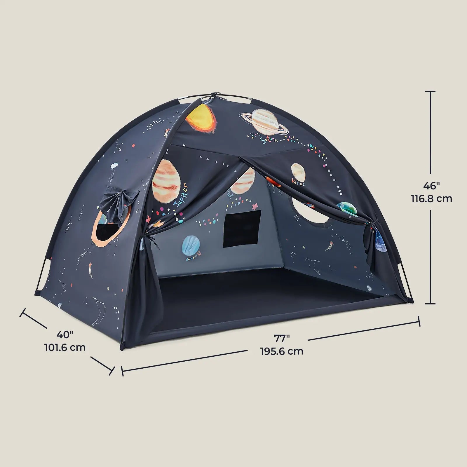 The Tiny Land® Kids Bed Tent by Tiny Land is a dark blue indoor tent decorated with colorful planets and stars. Measuring 46" high, 77" wide, and 40" deep, it creates a fun outer space-themed hideaway for kids.|SPACENEST