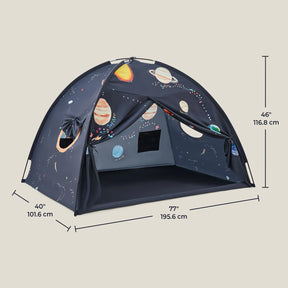 The Tiny Land® Kids Bed Tent by Tiny Land is a dark blue indoor tent decorated with colorful planets and stars. Measuring 46" high, 77" wide, and 40" deep, it creates a fun outer space-themed hideaway for kids.|SPACENEST