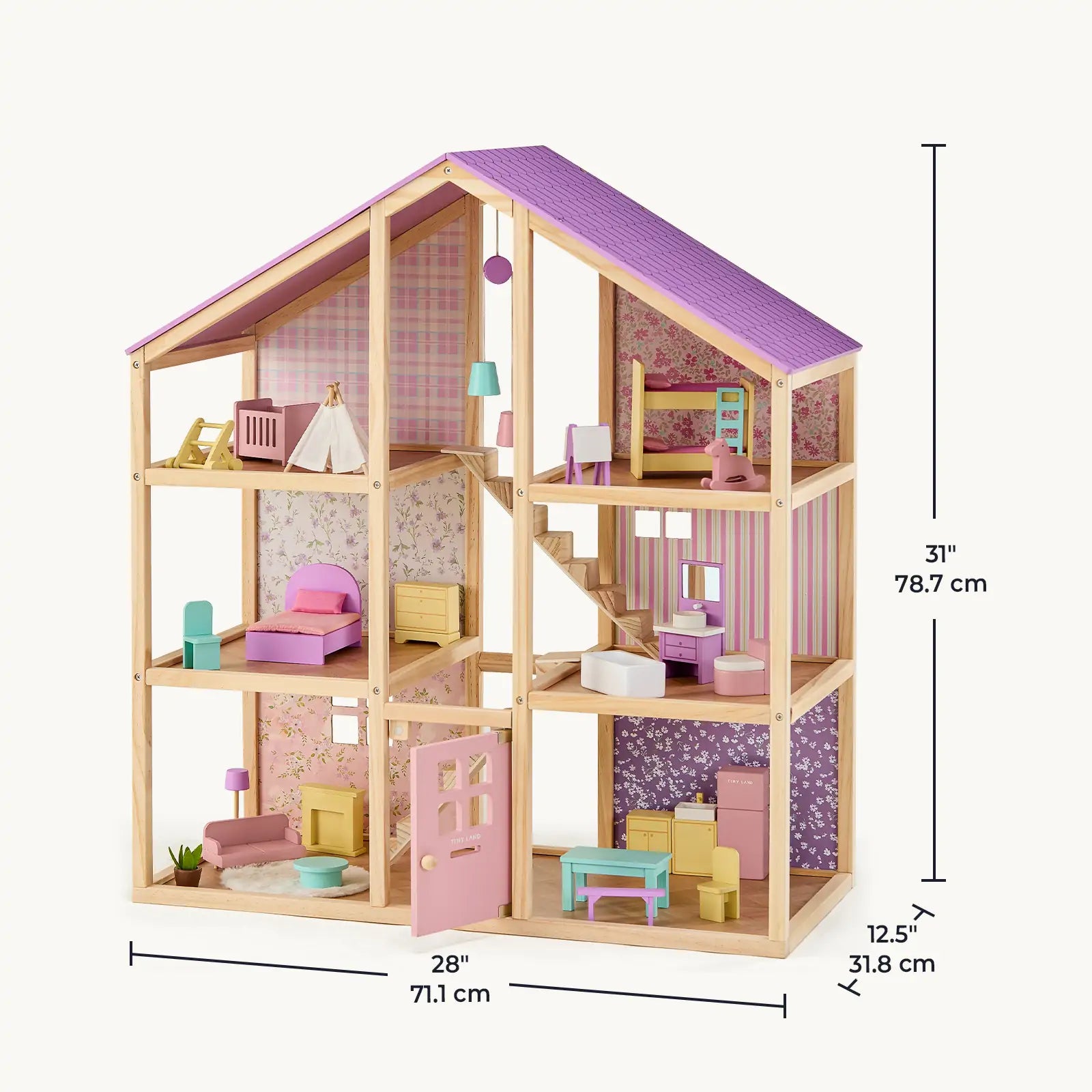 The Tiny Land® Sweetwood Unicorn Dollhouse & Wooden Dollhouse Dolls features three floors, colorful furniture, an open front design for poseable dolls, and measures 31” tall x 28” wide x 12.5” deep—perfect for imaginative play.|Unicorn