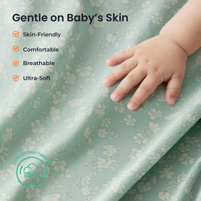 A baby’s hand rests on soft, light green floral fabric beside the Tiny Land® Tiny Sprout Castle Tent. Text reads: Gentle on Baby’s Skin—Skin-Friendly, Comfortable, Breathable, Ultra-Soft. A Comfortable Fabric logo appears.|Green