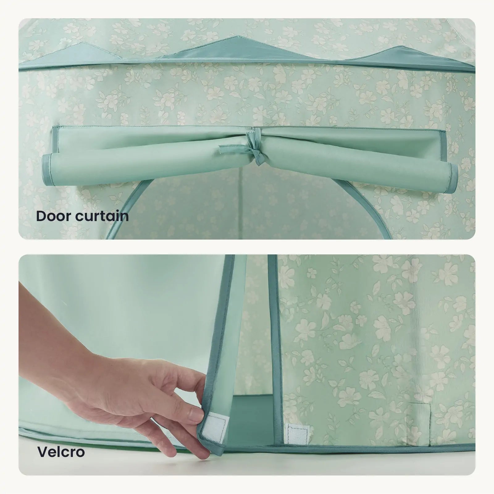 Two images show the Tiny Land® Green Adventure 3-in-1 Play Tunnel & Fun-Shapes Ocean Ball Set. One highlights a rolled-up door curtain; the other shows Velcro fastening—ideal for sensory play or pairing with the included tunnel.