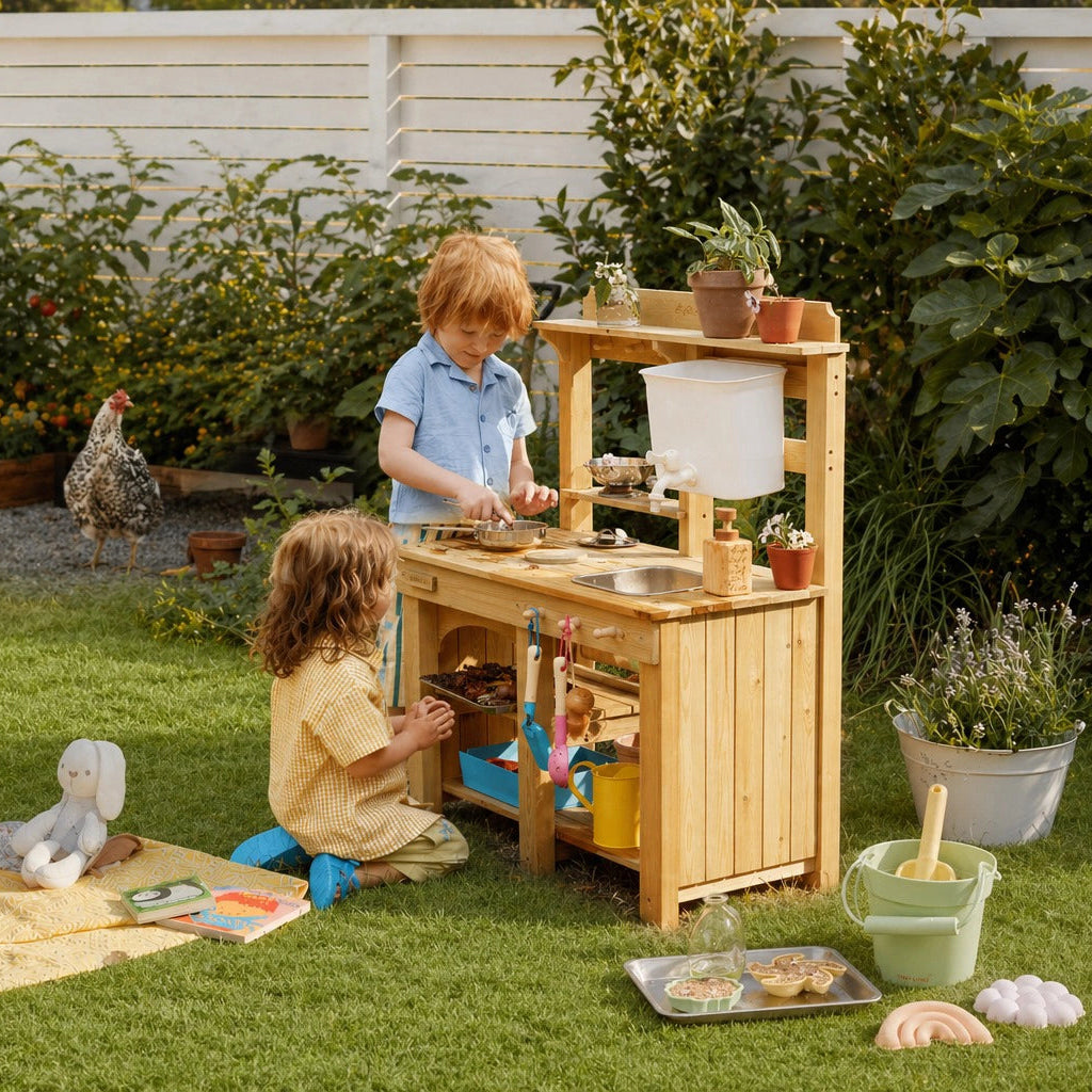 Two children play outdoors with the Tiny Land® Outdoor Mud Kitchen & Sand Play Set by Tiny Land—one stands at the counter, one kneels. Nearby are a sand toy set, picnic blanket, stuffed rabbit, and a roaming chicken in the garden.