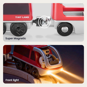 Top: Close-up of two Tiny Land® Dual-Color Electric Toy Train cars with magnetic connectors. Bottom: The electric train, featuring LED headlights and a smiling figure inside, runs on wooden tracks for interactive play. Brand: Tiny Land.|Red