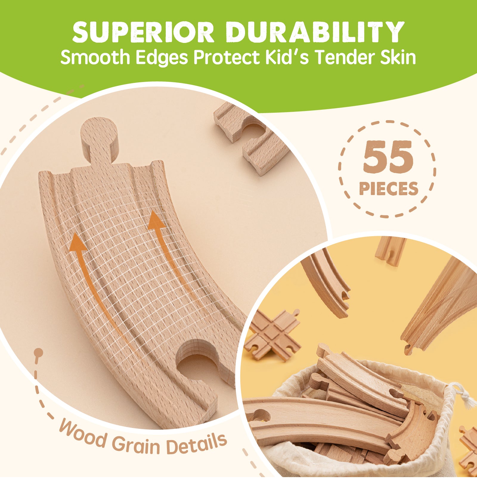 Tiny Land® Wooden Track Trains 55 Pcs by Tiny Land features smooth-edged wooden pieces with visible grain, a cloth storage bag, and offers superior durability. Enjoy interactive play and imaginative fun with this complete 55-piece set.|55 Pcs