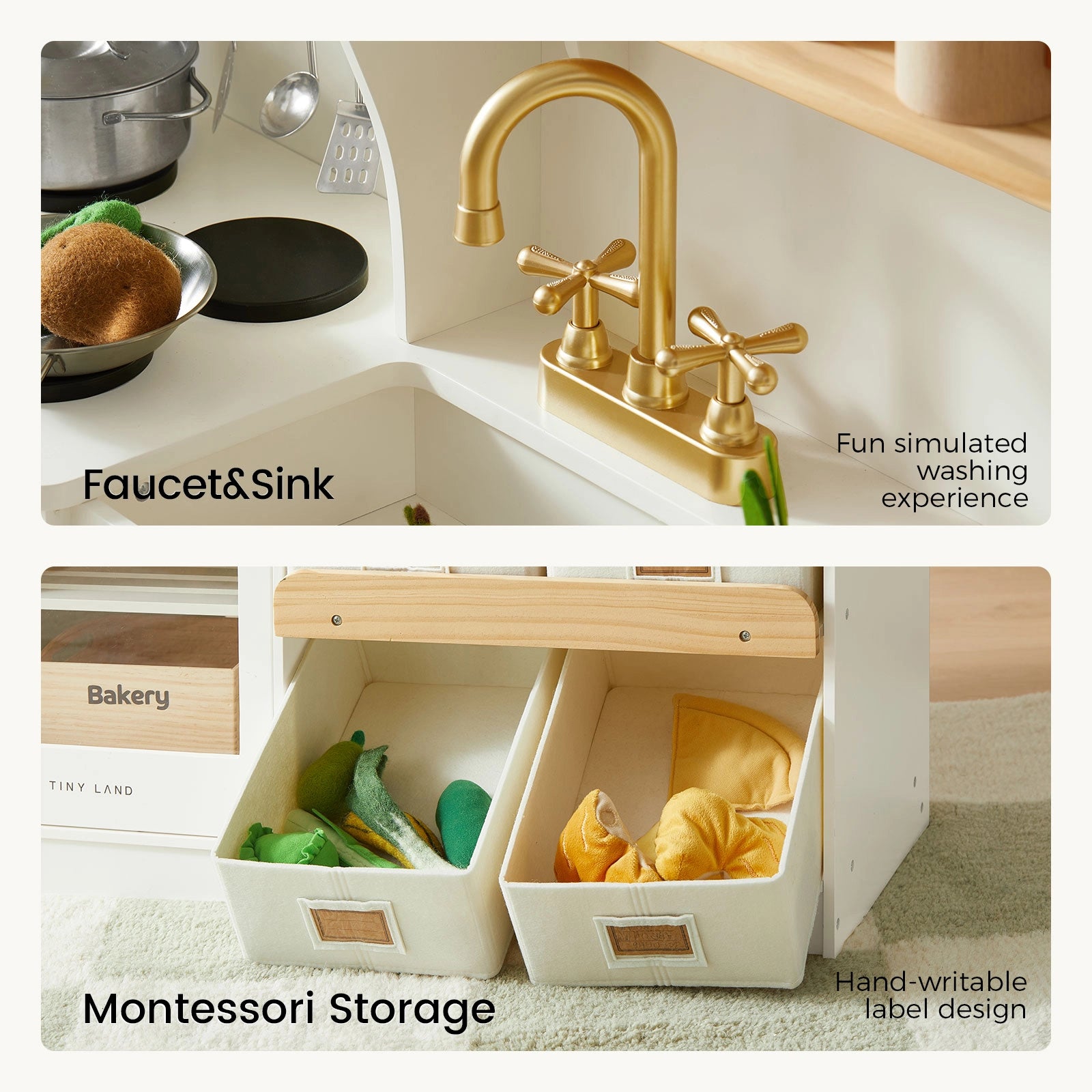 Top image: Tiny Land® Wooden Play Kitchen with faucet, cookware, and pretend food. Text: Fun simulated washing experience. Bottom image: Two hand-writable labeled storage bins from Tiny Land® kids kitchen set with play food. Text: Hand-writable label design.|cream