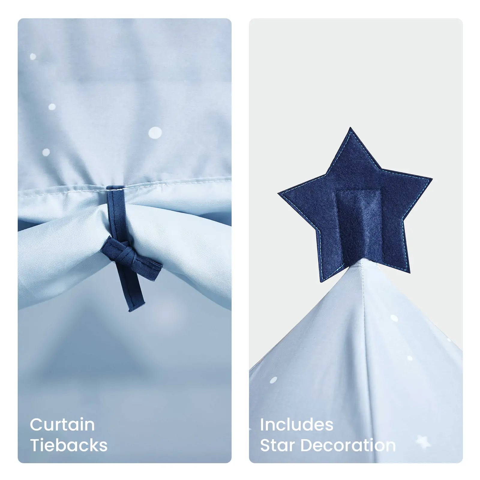 Close-up of a light blue curtain with white dots, tied back with a navy ribbon and star decoration. Perfect accessory for the Tiny Land® Kids Tent – Indoor Tent for Toddlers by Tiny Land. Curtain tiebacks and star included.|Blue