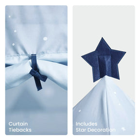Close-up of a light blue curtain with white dots, tied back with a navy ribbon and star decoration. Perfect accessory for the Tiny Land® Kids Tent – Indoor Tent for Toddlers by Tiny Land. Curtain tiebacks and star included.|Blue