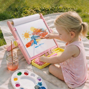A young child in a pink polka dot dress sits on a blanket outdoors, painting a colorful picture with a brush on the Tiny Land® Double-Sided Magnetic Tabletop Easel by Tiny Land. Art supplies, including paint jars and a palette, are nearby, creating the perfect little art station for creative fun.|Pink