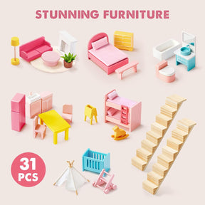 The Sweet Dreams Playset by Tiny Land features 31 colorful pink-white furniture pieces—sofa, bed, kitchen set, dining table, crib, and more—perfect for any girl's dollhouse. Stunning pink dollhouse and playhouse displayed on a light background.|pink