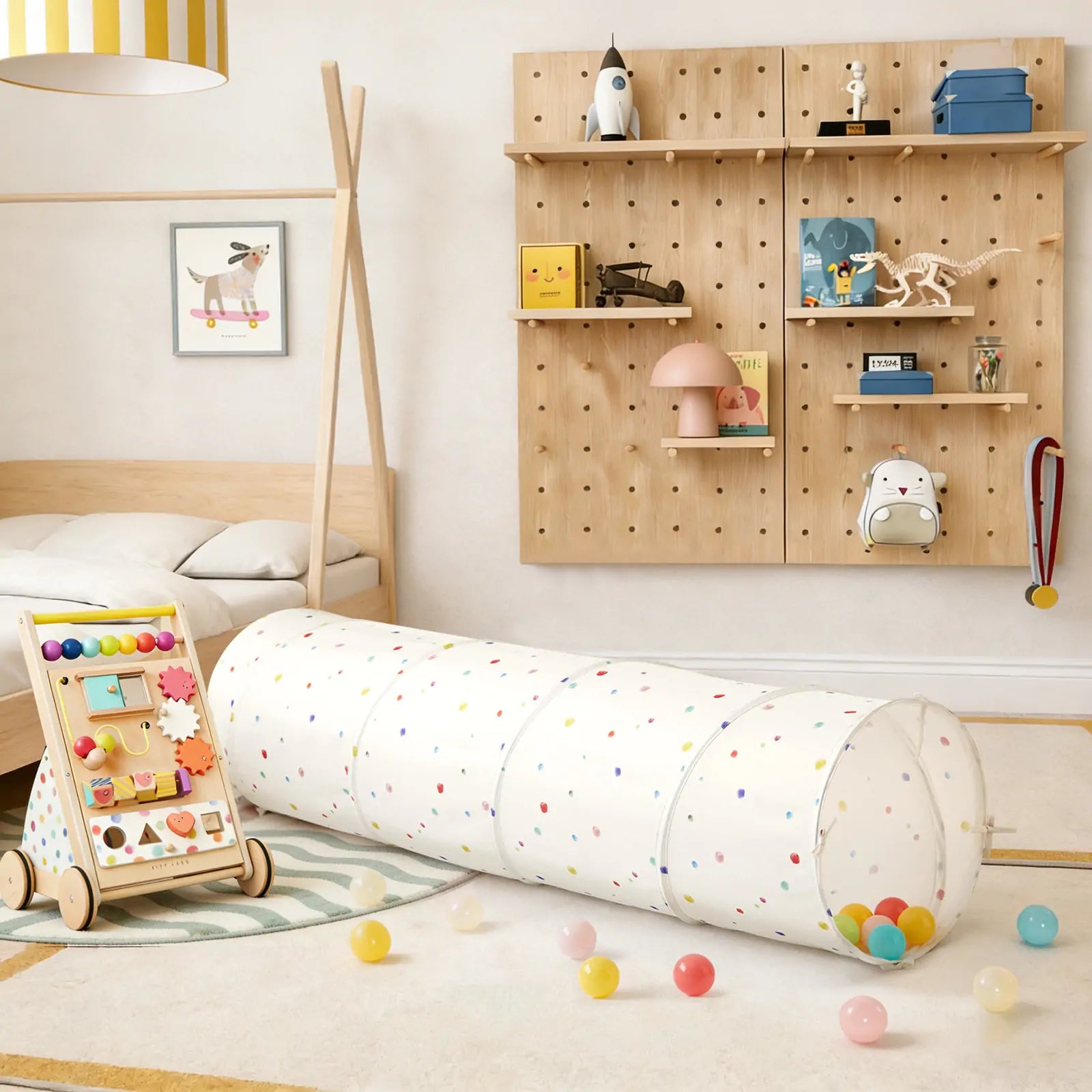 A cozy kids room features a bed, pegboard shelves filled with toys, a walker with colorful balls, and the Tiny Land® Adventure Play Tunnel by Tiny Land in cheerful polka dots. Scattered balls rest on a round rug, while soft, playful decor and warm lighting create an inviting space for little ones to enjoy.|Colorful Dots
