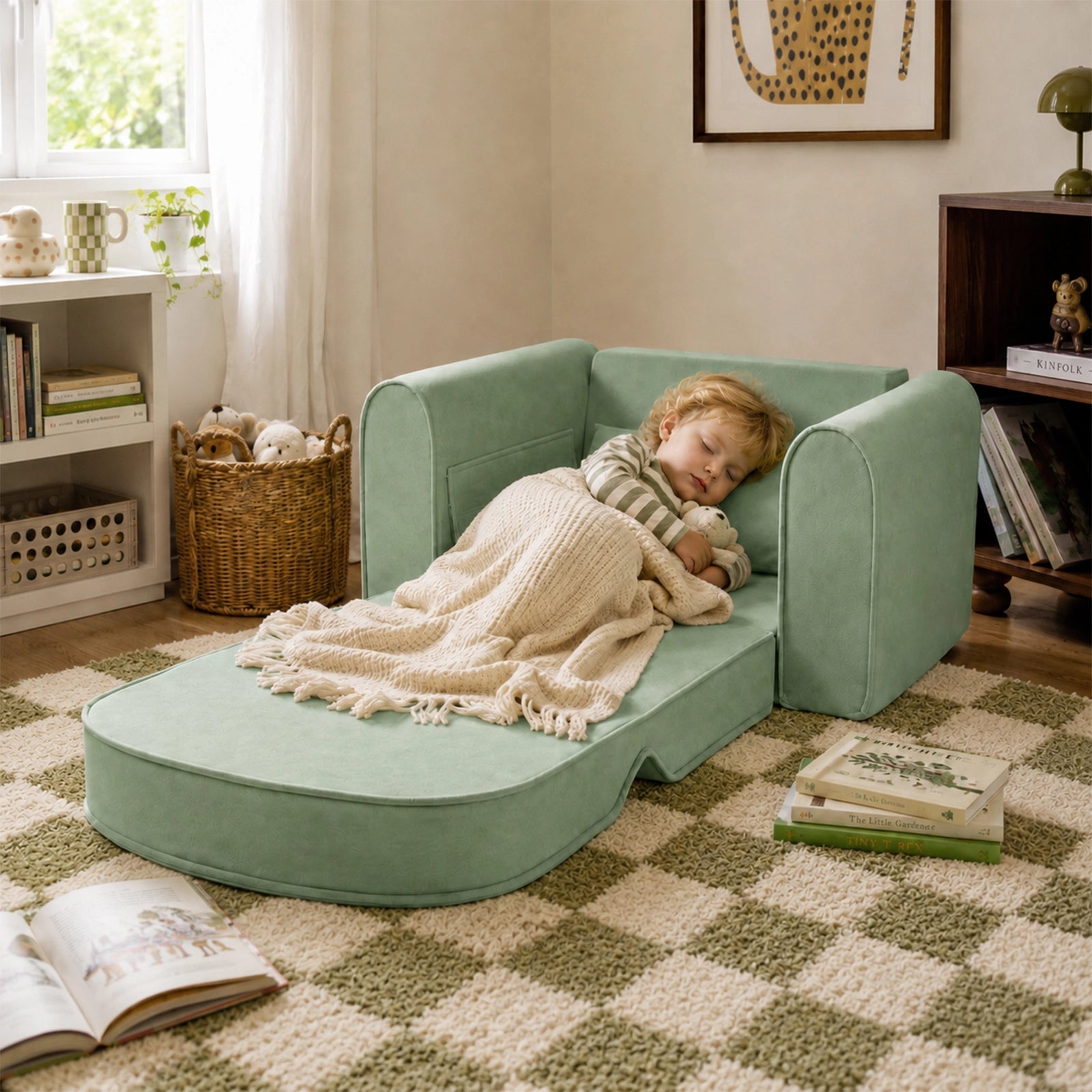 A small child naps on the Tiny Land® GentleSnug Kids Sofa Chair in a cozy room, covered with a beige blanket and holding a stuffed animal. Books and toys are scattered around as sunlight streams through the window.