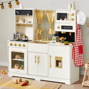 The Tiny Land® Iconic Wooden Play Kitchen by Tiny Land is a cream-colored pretend cooking set for kids, featuring toy appliances, cookware, play food, utensils, an apron, chef hat, and decorative yellow curtains.