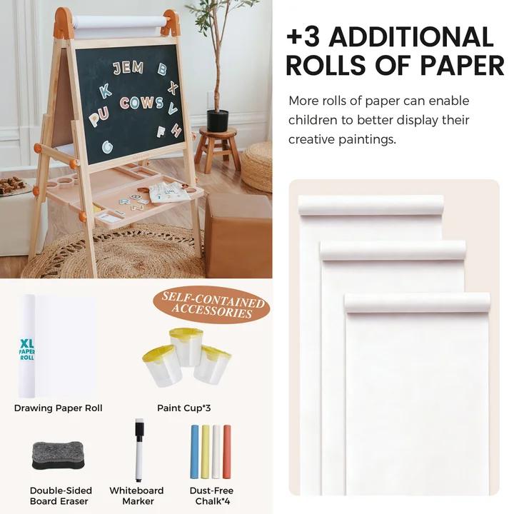 The Tiny Land® Caramel Magnitales Easel & Paper Roll Set by Tiny Land features a kids' adjustable easel with a magnetic whiteboard, magnetic letters, 3 extra rolls of drawing paper, paint cups, eraser, marker, and chalk for creative play.