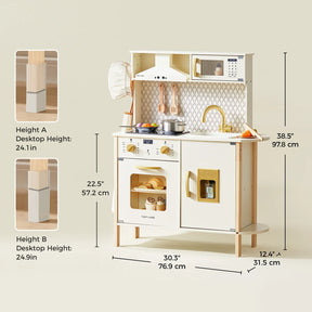 The Tiny Land® Farm-to-Table Play Set by Tiny Land is a white and beige wooden kitchen with gold accents, a fridge, sink, stove, oven, microwave, storage, play accessories, and organic food. Dimensions and adjustable heights are shown in the image.