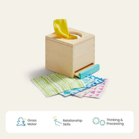 Tiny Land® Montessori Toys for Newborns (4–6 Months) by Tiny Land include a wooden tissue box toy with colorful fabric tissues, supporting gross and fine motor, relationship, and thinking & processing skills.